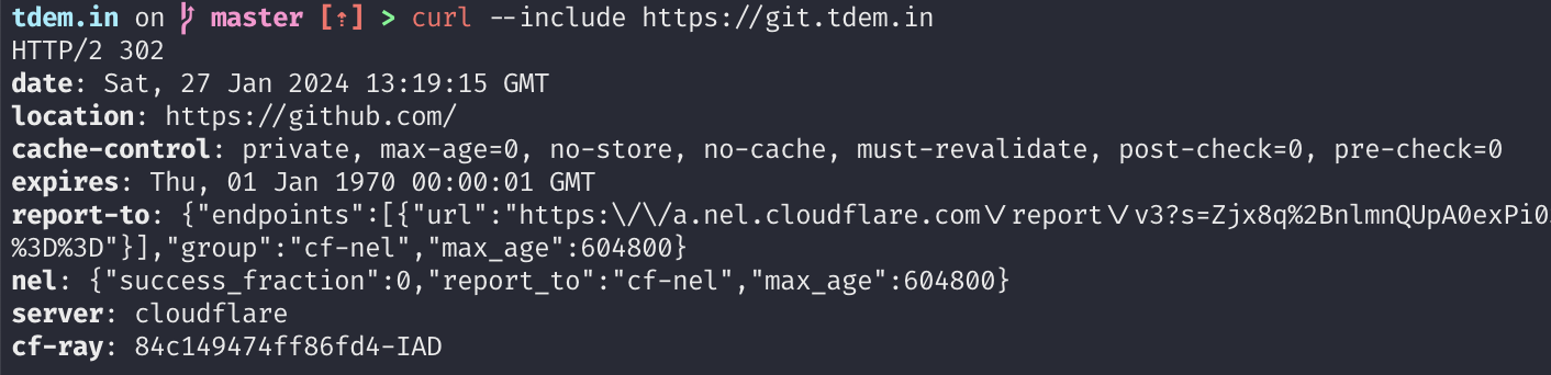 Cloudflare redirects git.tdem.in to GitHub, as advertised